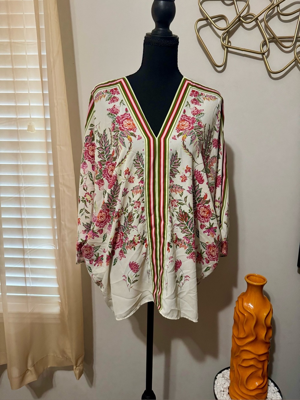 Rose & Olive Cream Floral V-Neck Tunic with Pink and Green Accents